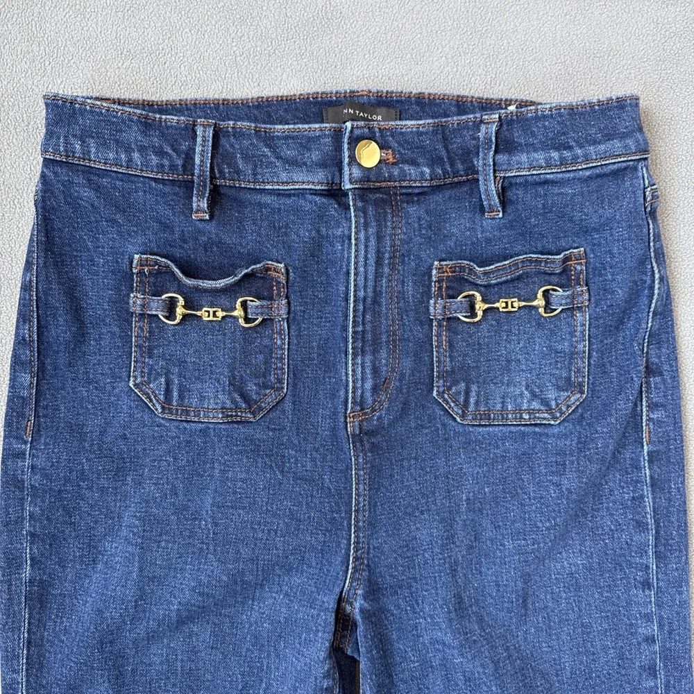 Ann Taylor Flare Jeans High Rise Patch Pocket Horsebit Stretch Size 10‎ Blue